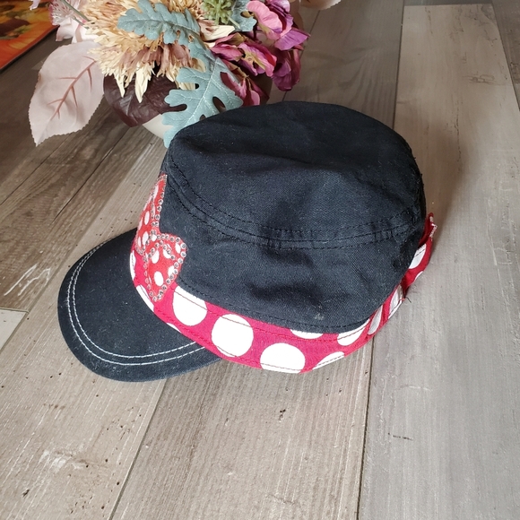 Minnie Mouse Hat Disney Parks Cap Cadet Red Polka Dot Bow Black Cotton Strapback - Picture 9 of 14